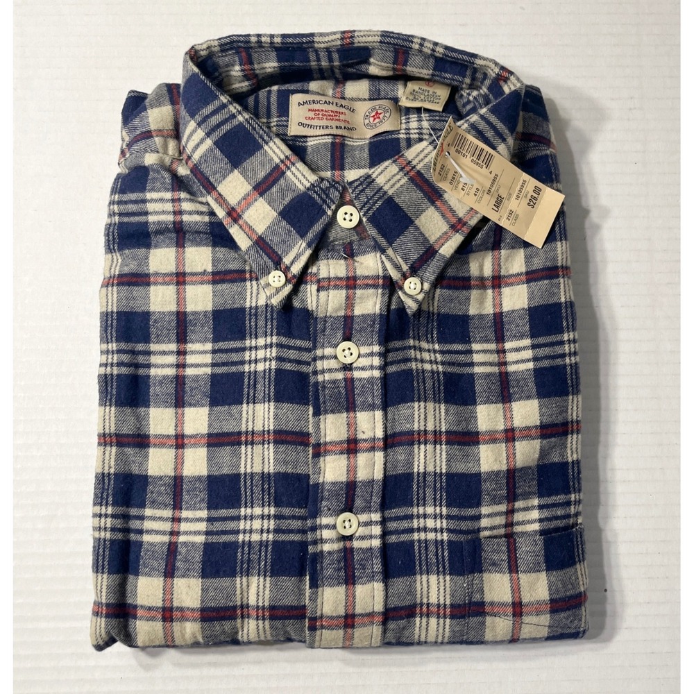 Vintage American Eagle Plaid Flannel Shirt Mens Large NWT Blue Cream Red Cotton
